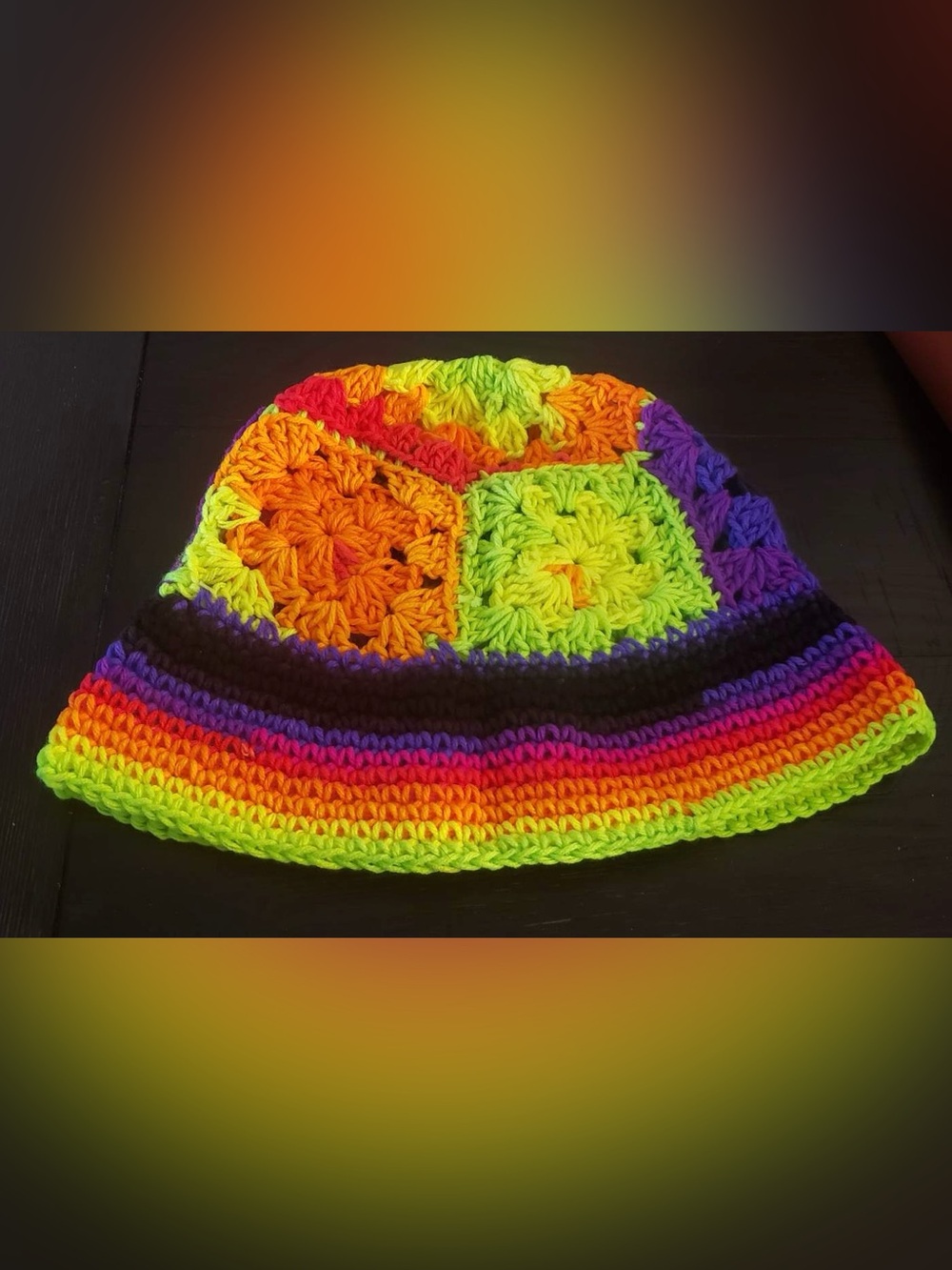 Unisex Multicolor Granny Square Crochet Bucket Hat - Neon Rainbow